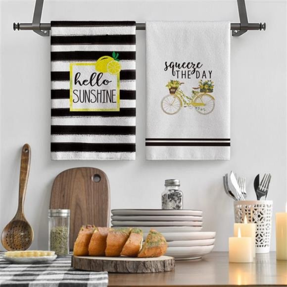 Set of 2 Watercolor Stripes Lemon Kitchen Dish Towels Squeeze The Day 18 x 26 in - Picture 2 of 7